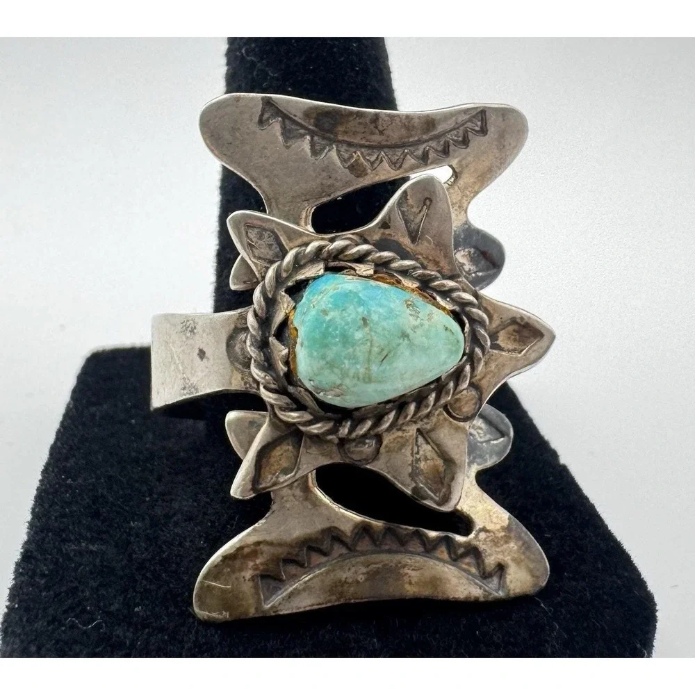 Vintage Navajo Turquoise Sterling Silver Ring Size 11 Unsigned c1960s Old Pawn